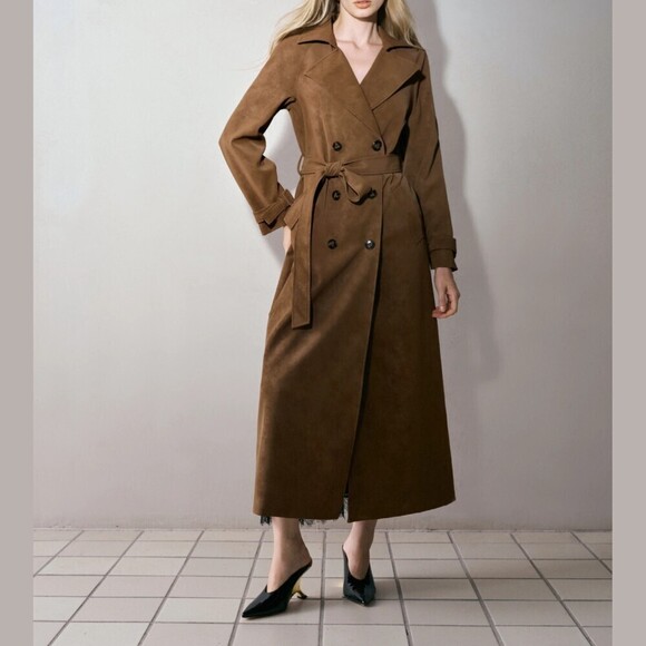 Jackets & Blazers - Brown Vegan Suede Belted Trench Coat